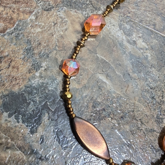copper colored beaded necklace with orange beads - Picture 2 of 5
